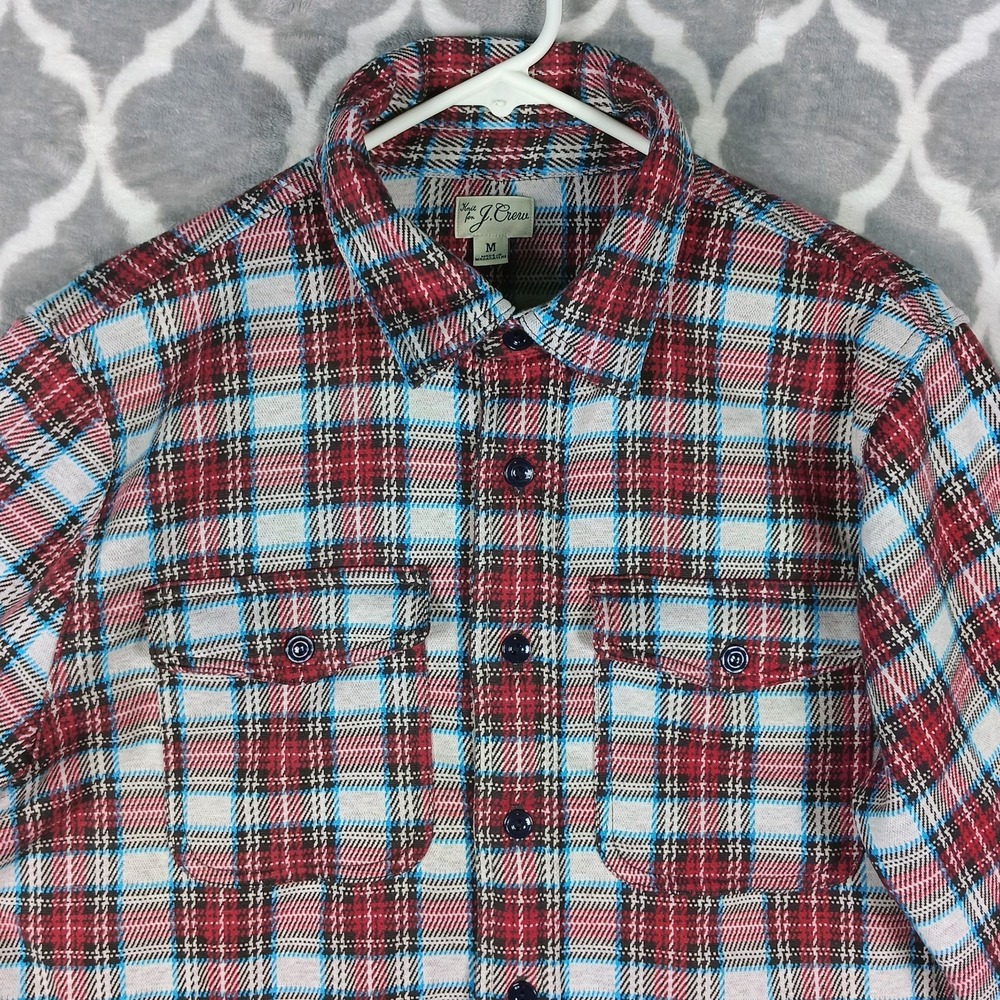 J Crew Flannel Shirt Men Size Medium Tartan Plaid Red Blue Thick Overshirt